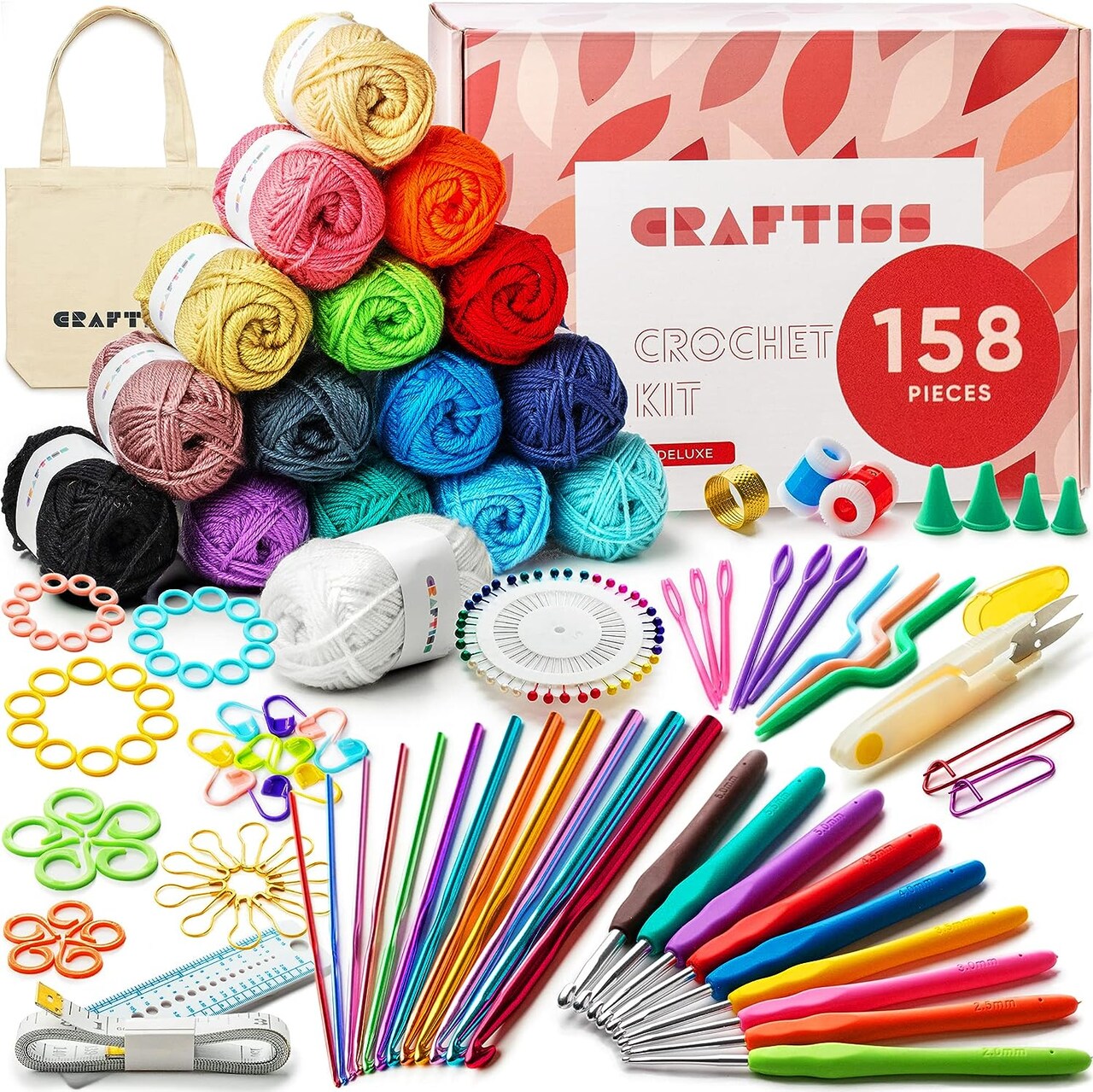 158 Pieces Crochet Kit for Beginners with 16 Colors of Acrylic Yarn -  All-in-One Starter Pack for Adults